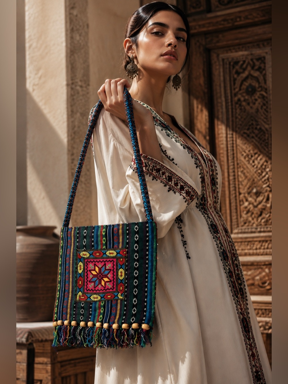 NWT Boho Tribal Woven Crossbody Bag Colorful Embroidered Fringe Beaded